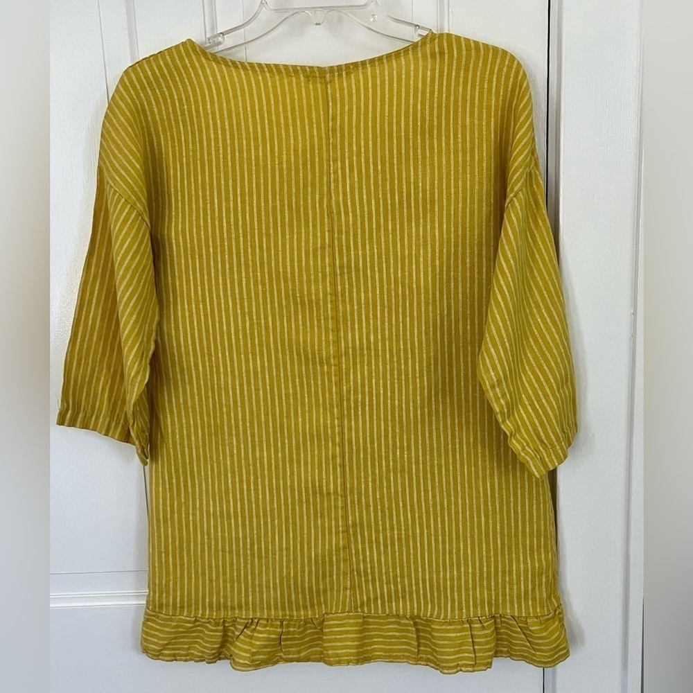 Lungo L'Arno 100% Linen Made in Italy Mustard Striped Ruffle Tunic Top L Boho - Picture 5 of 12